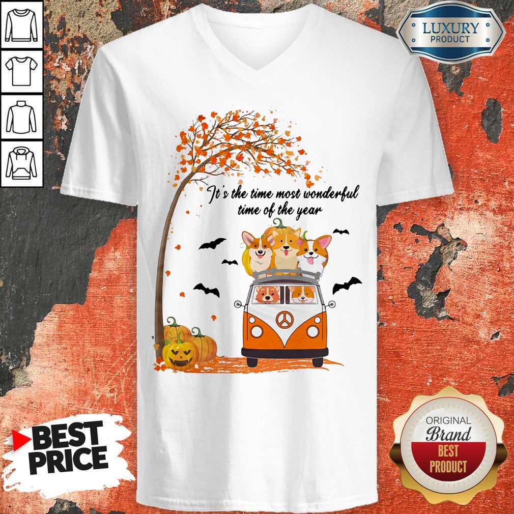 It's The Time Most Wonderful Time Of The Year Peace Bus Corgi Pumpkin Halloween Shirt - Image 3