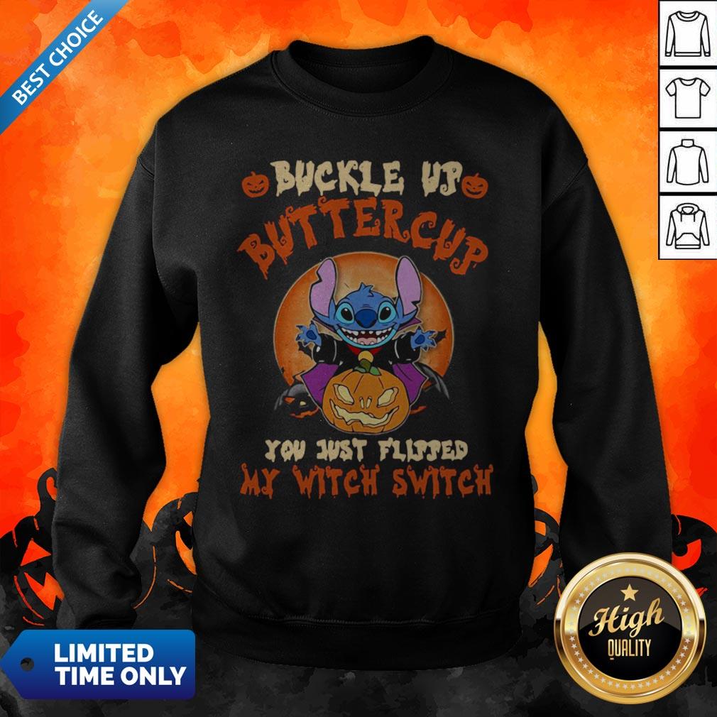Stitch Buckle Up Buttercup You Just Flipped My Witch Switch Pumpkins Halloween Shirt - Image 5