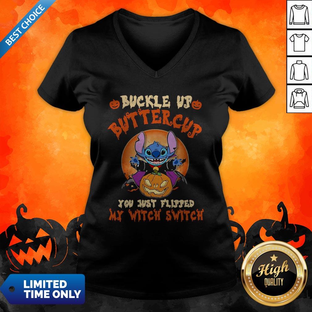 Stitch Buckle Up Buttercup You Just Flipped My Witch Switch Pumpkins Halloween Shirt - Image 3
