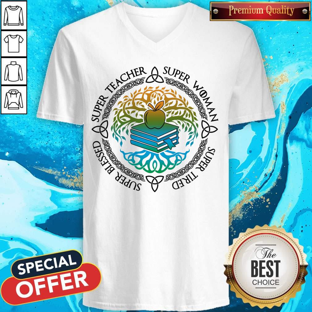 Super Woman Super Tired Super Blessed Super Teacher Apple Book Shirt - Image 5