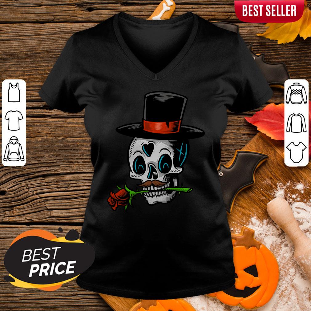 The Man With Rose Sugar Skull Dia De Muertos Day Of Dead V-neck