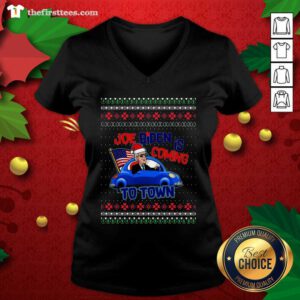 Joe Biden Is Coming To Town Ugly Christmas V-neck - Design by Thefristtees.com