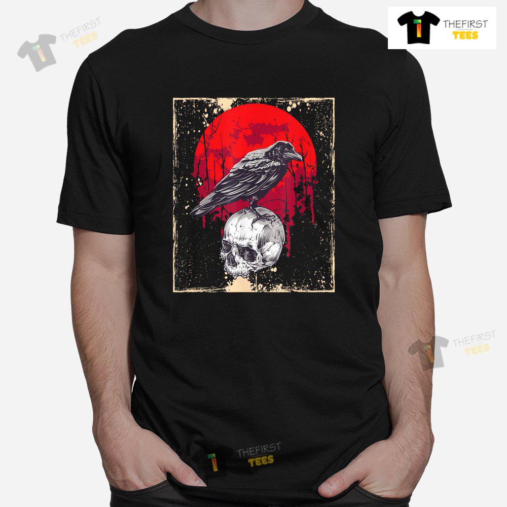 Gothic Raven Skull Red Moon Black Crow Shirt