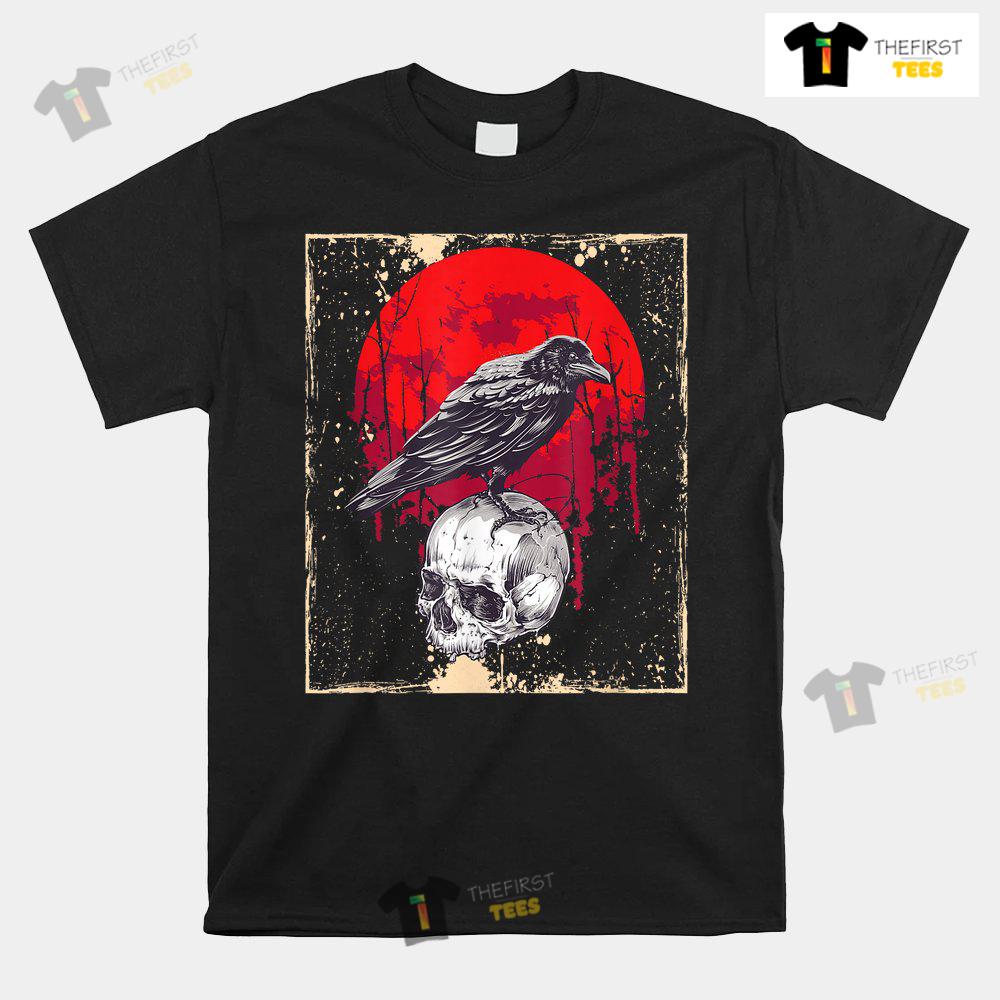 Gothic Raven Skull Red Moon Black Crow Shirt