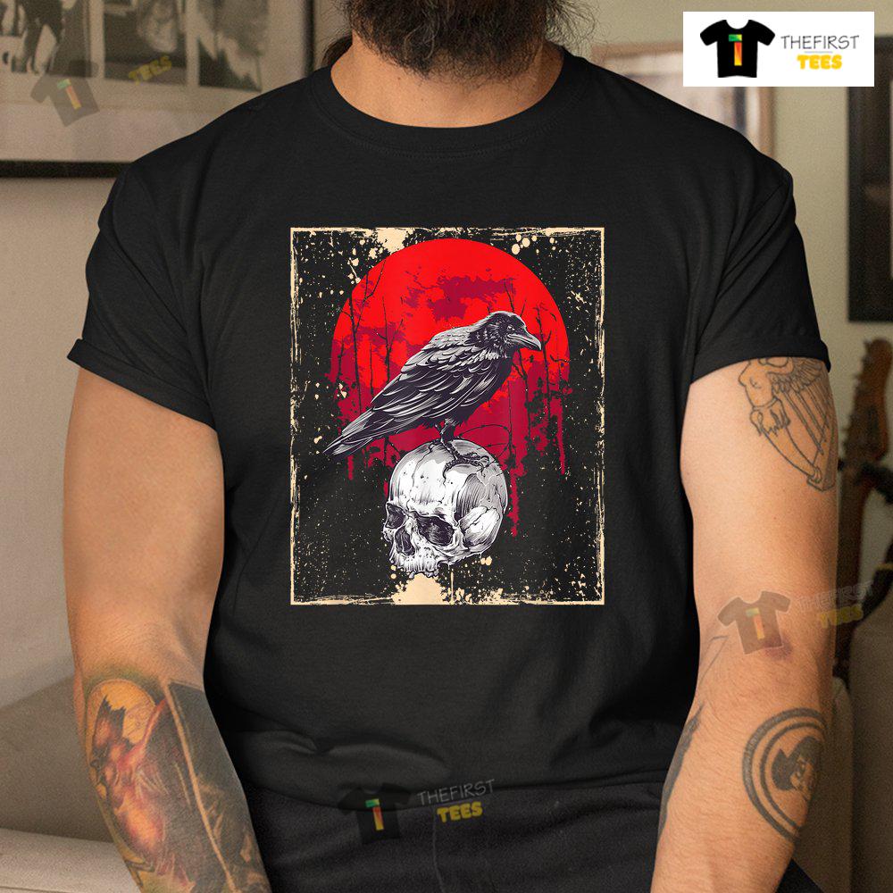 Gothic Raven Skull Red Moon Black Crow Shirt