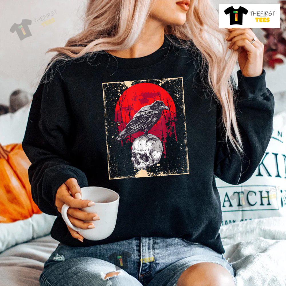 Gothic Raven Skull Red Moon Black Crow Shirt