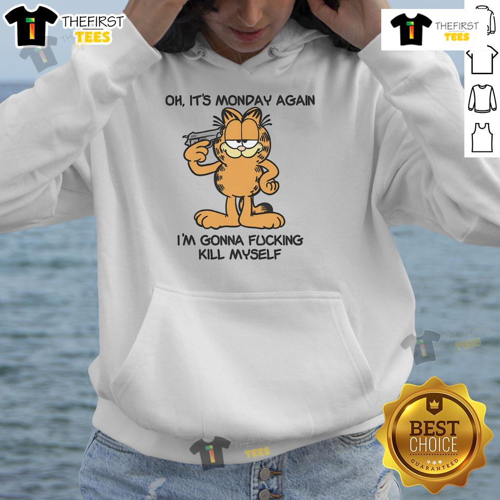 Garfield hoodie with humorous 'Oh, it's Monday again' design, perfect for fans of funny Monday memes and cozy apparel.