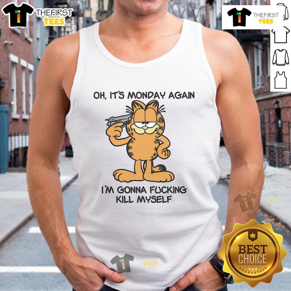 Funny Garfield tank top featuring 'Oh It's Monday Again' design, perfect for humor lovers facing the Monday blues.