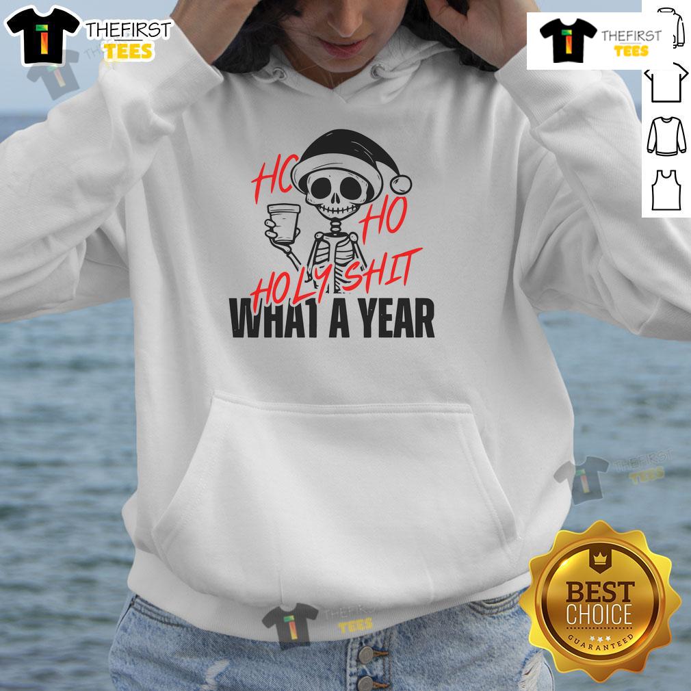 Funny Santa Skeleton hoodie with 'Ho Ho Holy Shit What A Year' design, perfect for a quirky Christmas celebration.