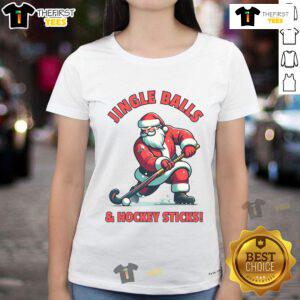 Funny Santa playing field hockey in a festive design on a Christmas-themed ladies tee shirt.