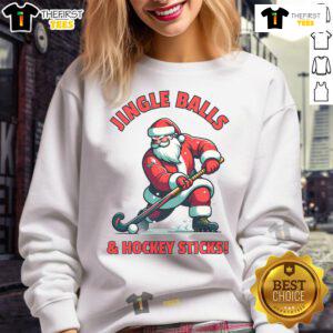 Funny Santa playing field hockey in a festive design on a Christmas sports sweatshirt for holiday cheer.