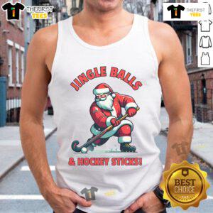 Funny Santa playing field hockey in a festive design on a Christmas sports tank top for holiday cheer.