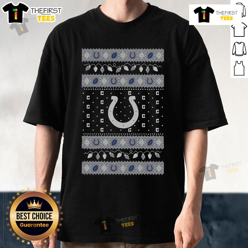 Alt Text: Nice Indianapolis Colts Holiday Christmas T-Shirt featuring festive design and team colors for fans.