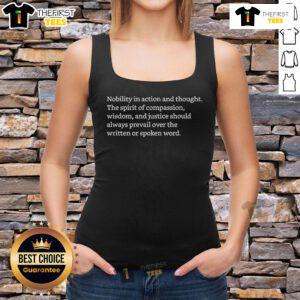 Woman wearing 'Official Nobility In Action' tank top, embodying compassion and wisdom in a serene outdoor setting.