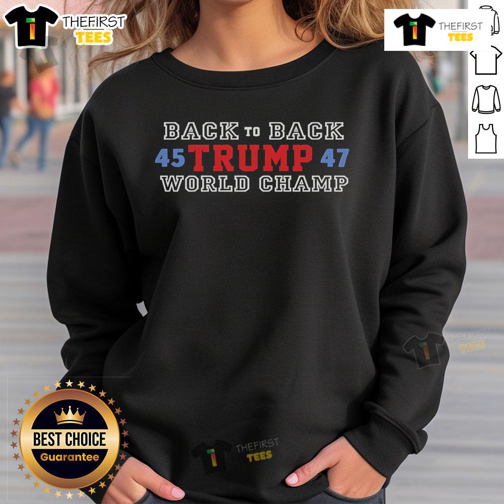 Official Trump 45-47 Back-to-Back World Champ Sweatshirt in navy blue, featuring bold graphics and a comfortable fit.