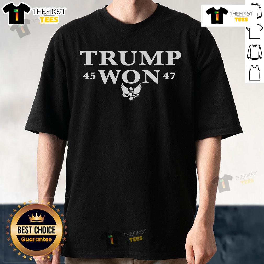 Alt Text: Official Trump Won 45 47 Seal of the President of the United States T-Shirt featuring bold graphics and patriotic colors.