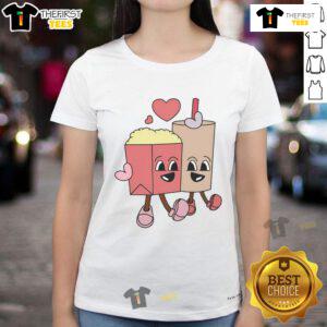 Happy Valentines Day popcorn tee for ladies, featuring a fun and cheerful design perfect for celebrating the holiday.