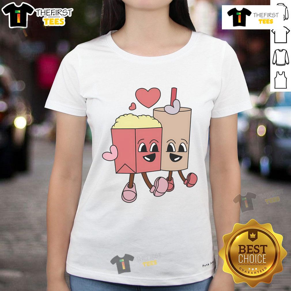 Happy Valentines Day popcorn tee for ladies, featuring a fun and cheerful design perfect for celebrating the holiday.