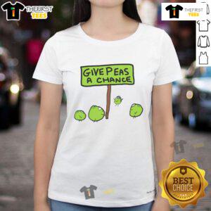 Womens 'Give Peas a Chance' tee featuring a playful pea graphic, perfect for eco-conscious fashion lovers.