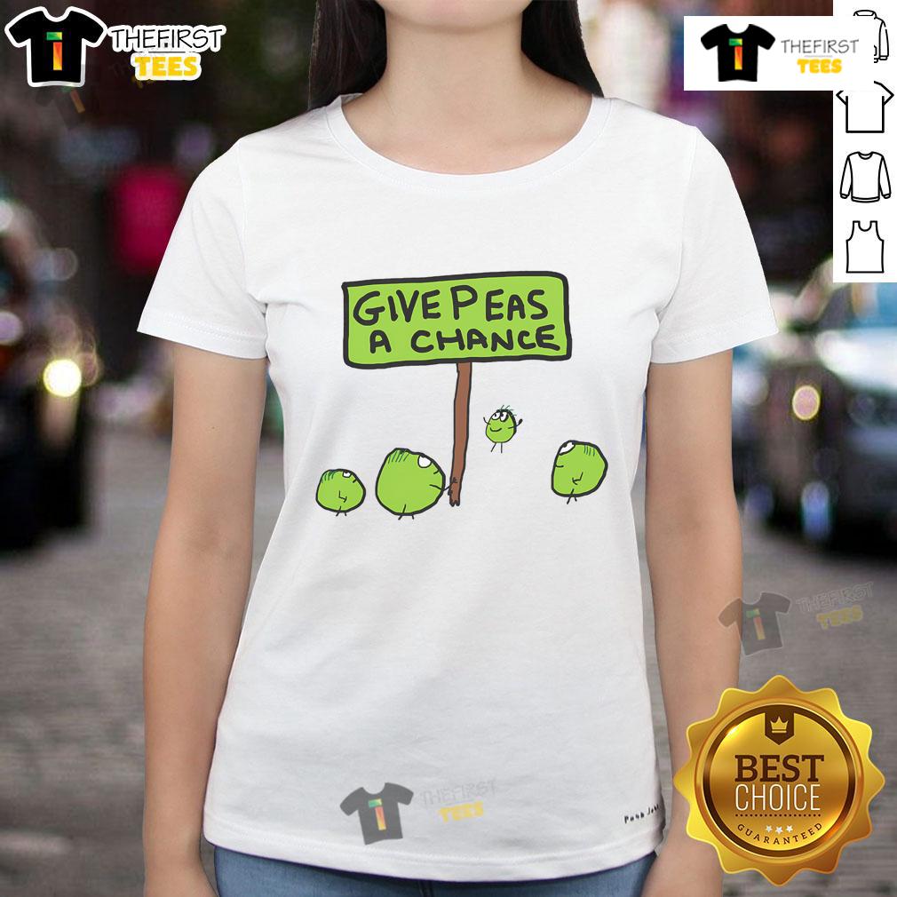 Womens 'Give Peas a Chance' tee featuring a playful pea graphic, perfect for eco-conscious fashion lovers.