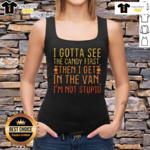 Nice I Gotta See The Candy First tank top featuring vibrant colors and fun candy graphics, perfect for casual summer wear.