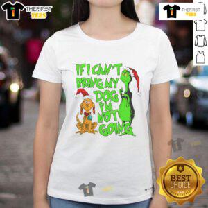 Funny Merry Christmas Ladies Tee featuring 'Nice If I Cant Bring Dog, Im Not Going' slogan with festive graphics.