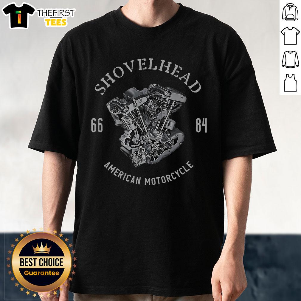 Alt Text: Vintage retro T-shirt featuring a classic HD motorcycle V-twin Shovelhead engine design for bike enthusiasts.