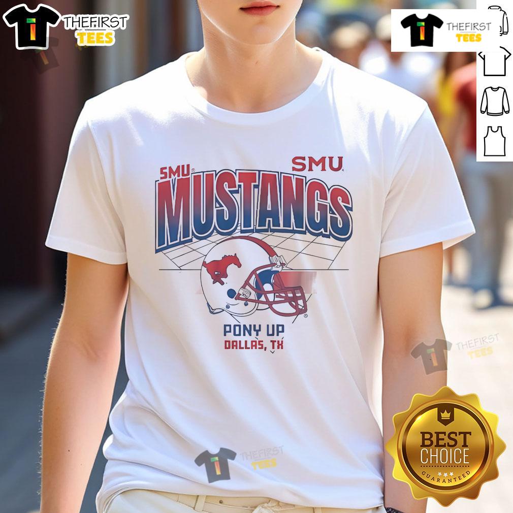 Nice SMU Football Mustangs 'Pony Up' Dallas T-shirt featuring a helmet graphic on a grid design.