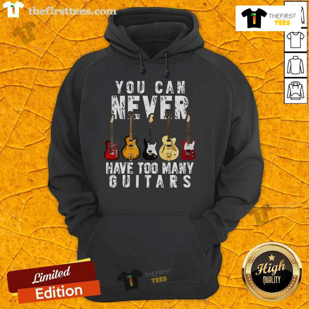 Music hoodie featuring the phrase 'Nice, You Can Never Have Too Many Guitars' perfect for guitar lovers and musicians.