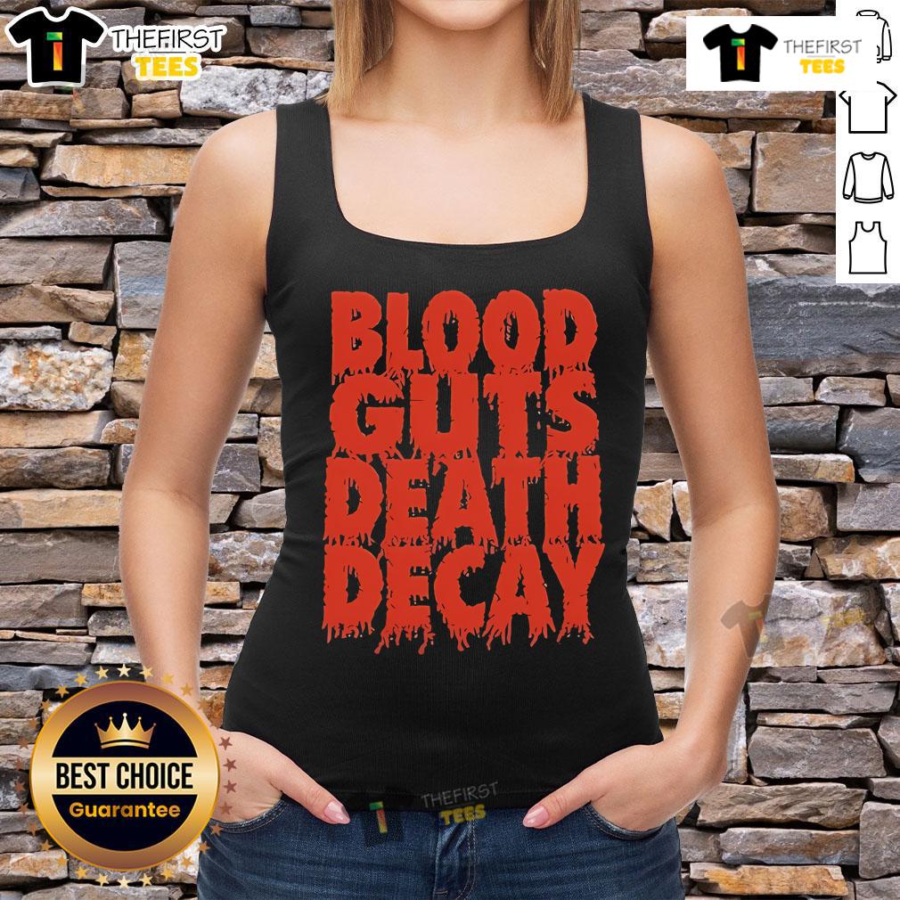 Official Blood Guts Death Decay tank top featuring a bold graphic design, perfect for fans of edgy apparel.