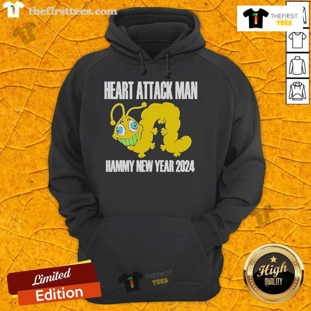 Alt Text: Official Heart Attack Man Hammy New Year 2024 hoodie featuring bold graphics and vibrant colors for festive style.