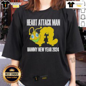 Official Heart Attack Man Hammy New Year 2024 Ladies Tee featuring festive design and vibrant colors for stylish celebrations.