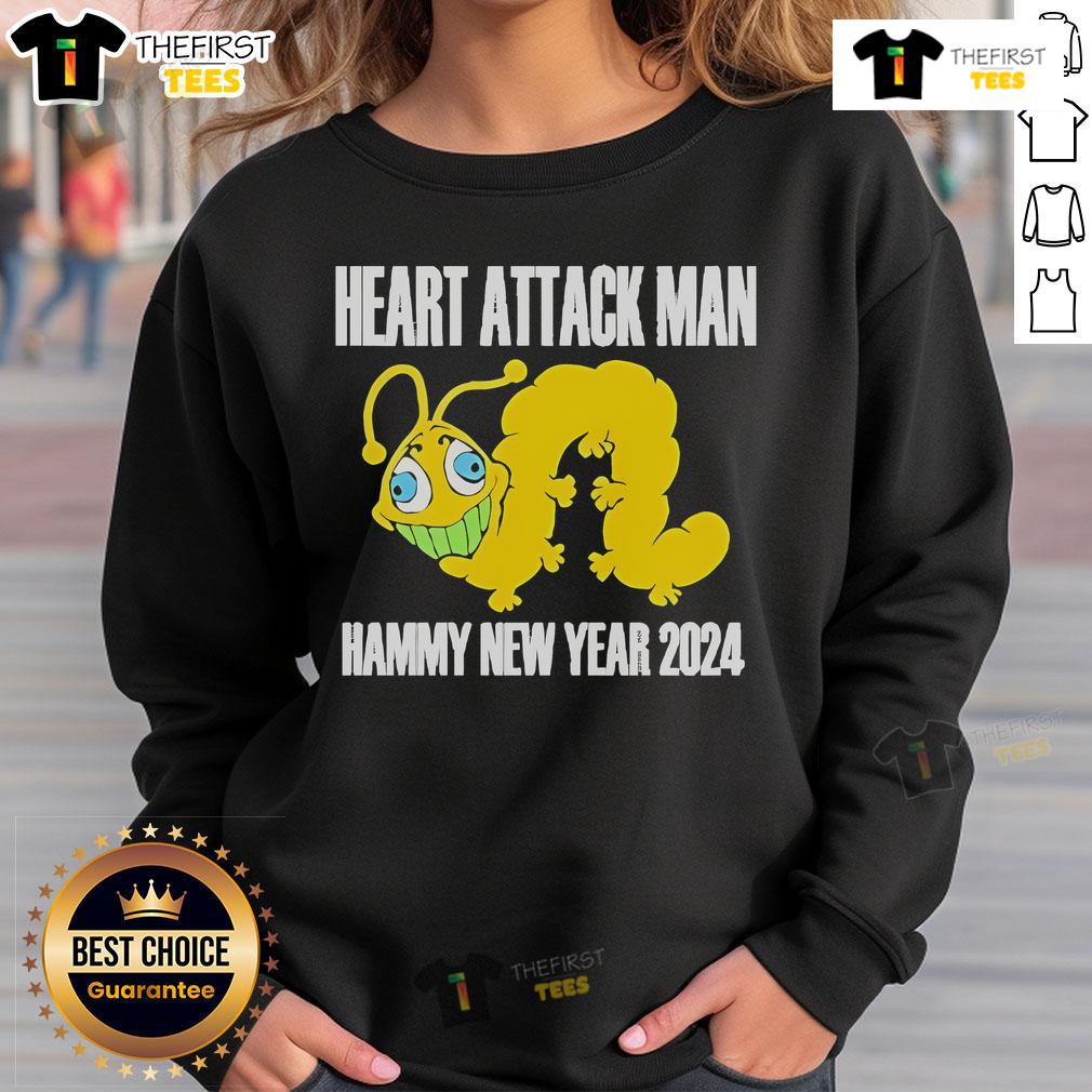 Official Heart Attack Man Hammy New Year 2024 Sweatshirt featuring vibrant design and cozy fit for festive celebrations.