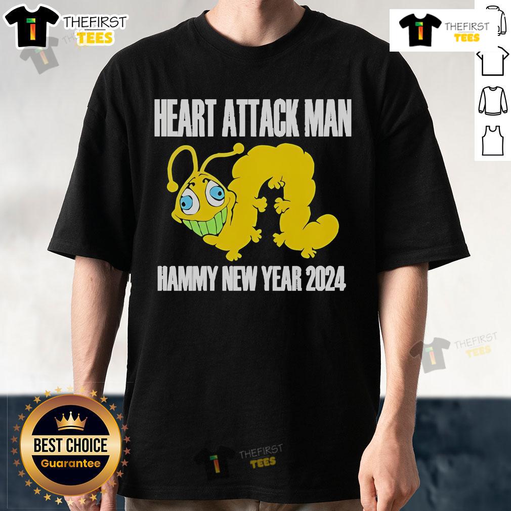 Alt Text: Official Heart Attack Man Hammy New Year 2024 T-Shirt featuring bold graphics and vibrant colors for a festive look.