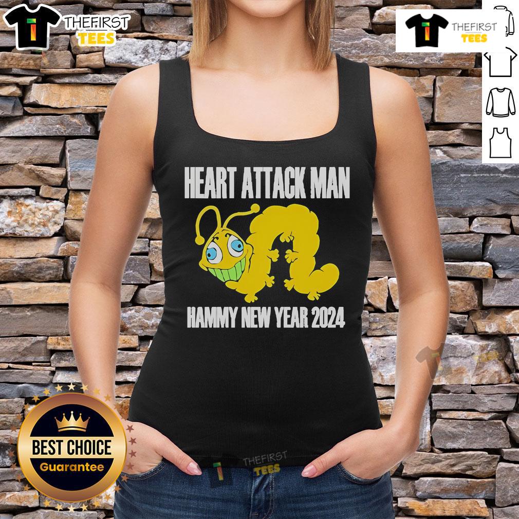Official Heart Attack Man Hammy New Year 2024 tank top featuring vibrant design and bold graphics for festive celebrations.