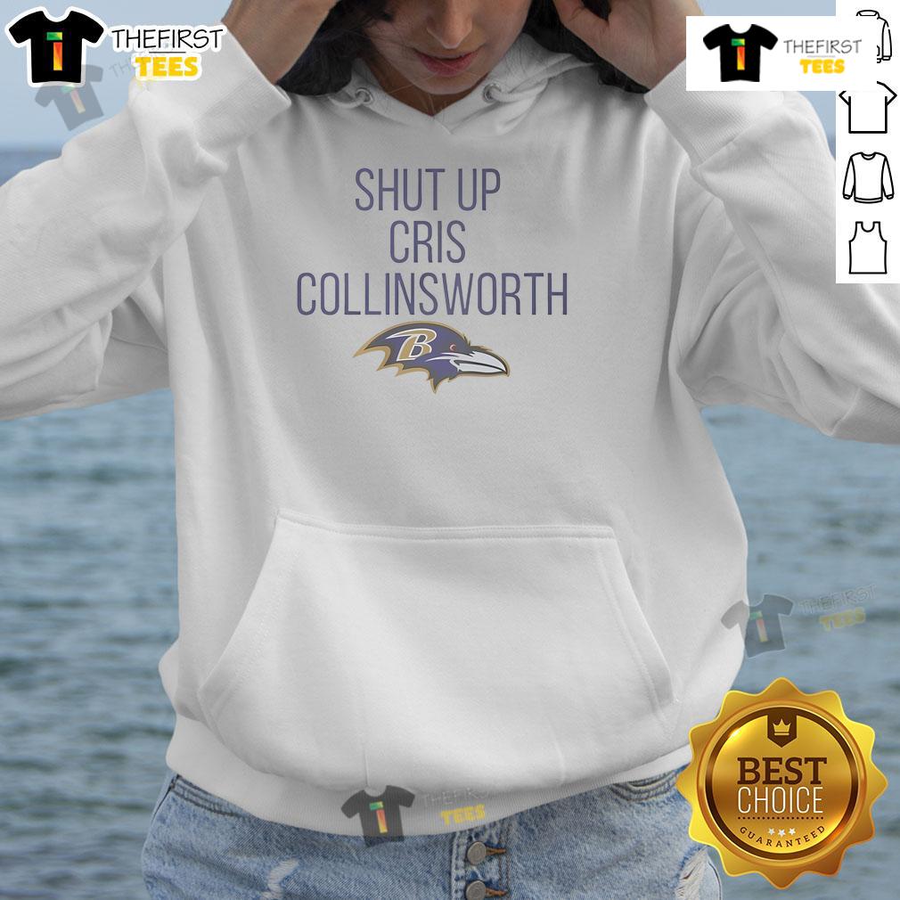 Official Lamar Jackson Baltimore Ravens hoodie mocking Cris Collinsworth, featuring bold graphics and team colors.