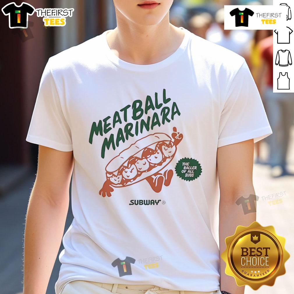 Official Meatball Marinara T-Shirt featuring 'The Baller Of All Subs' design, perfect for sandwich lovers and foodies.