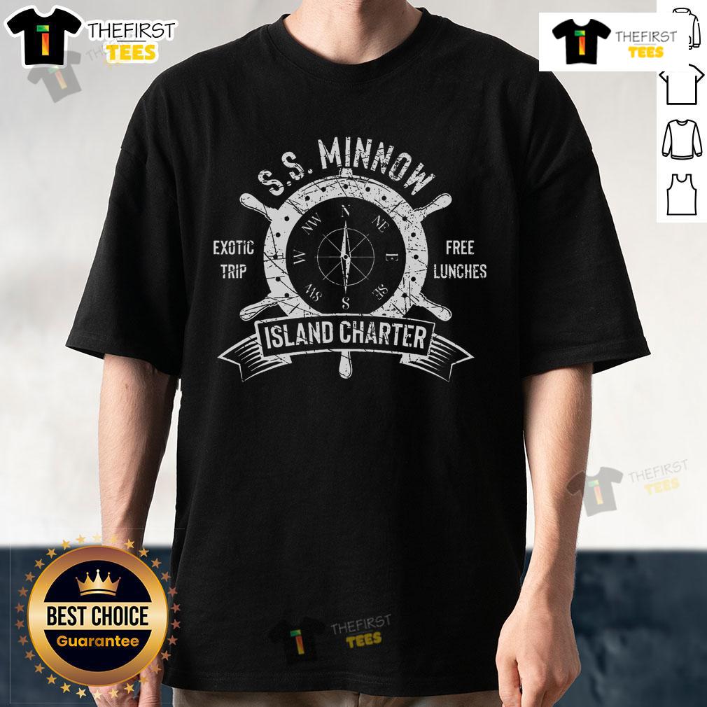 Official S.S. Minnow Exotic Trip T-Shirt featuring fun island charter graphics and free lunches, perfect for adventure lovers.