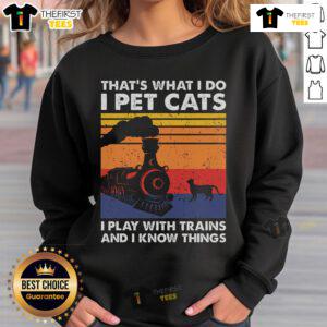 Premium sweatshirt featuring 'That's What I Do - I Pet Cats & Play With Trains' design, perfect for cat and train lovers.