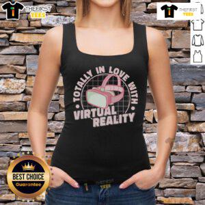 Girl wearing a 'Pretty Totally In Love With Virtual Reality' tank top, immersed in VR gaming with a headset on.