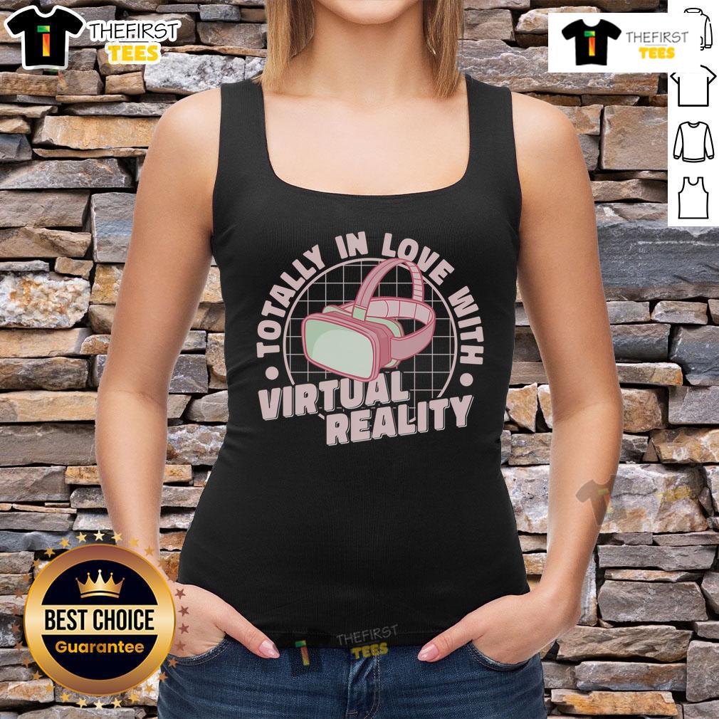 Girl wearing a 'Pretty Totally In Love With Virtual Reality' tank top, immersed in VR gaming with a headset on.