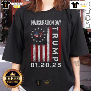 Top Donald Trump Inauguration Day 2025 with USA flag, featuring ladies' tee celebrating the 47th President.