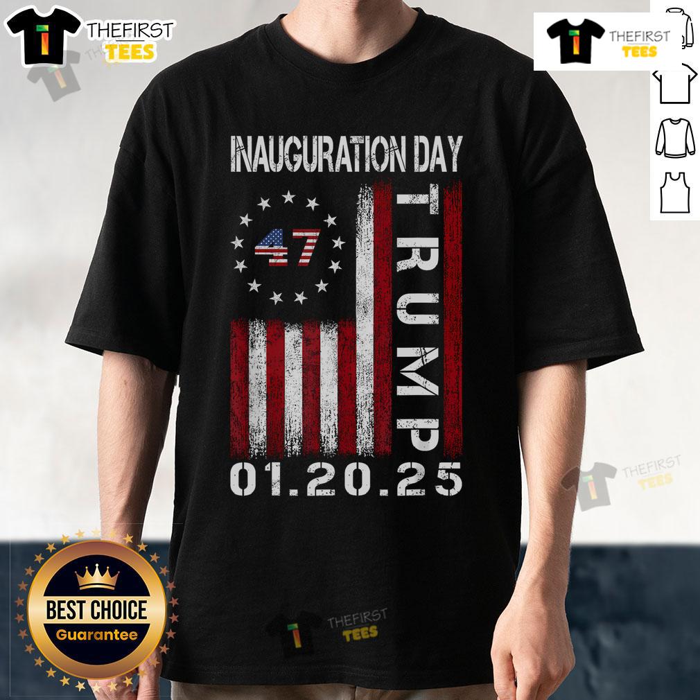 Alt Text: Top Donald Trump Inauguration Day 2025 T-Shirt featuring the USA flag, celebrating the 47th President.