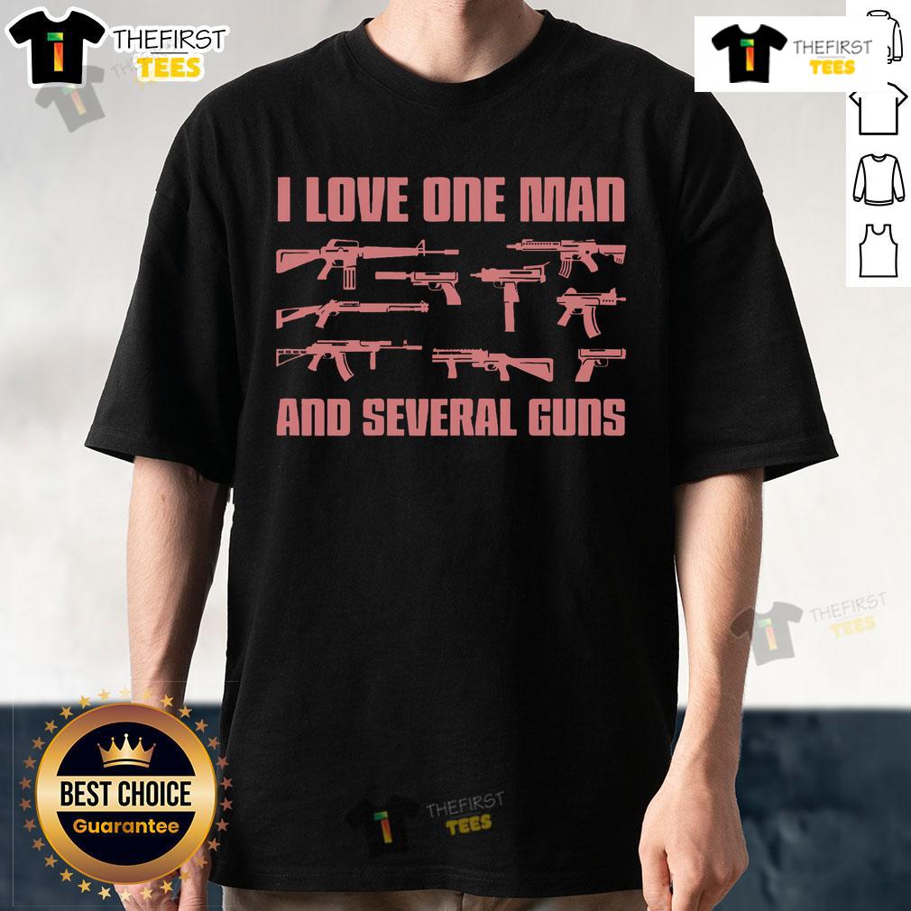Alt Text: Woman wearing 'I Love One Man And Several Guns' t-shirt featuring a stylish gun graphic, perfect for gun enthusiasts.
