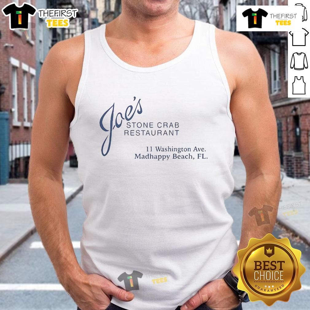 Tank top featuring Top Joe's Stone Crab Restaurant logo, located at 11 Washington Ave, Madhappy Beach, FL.