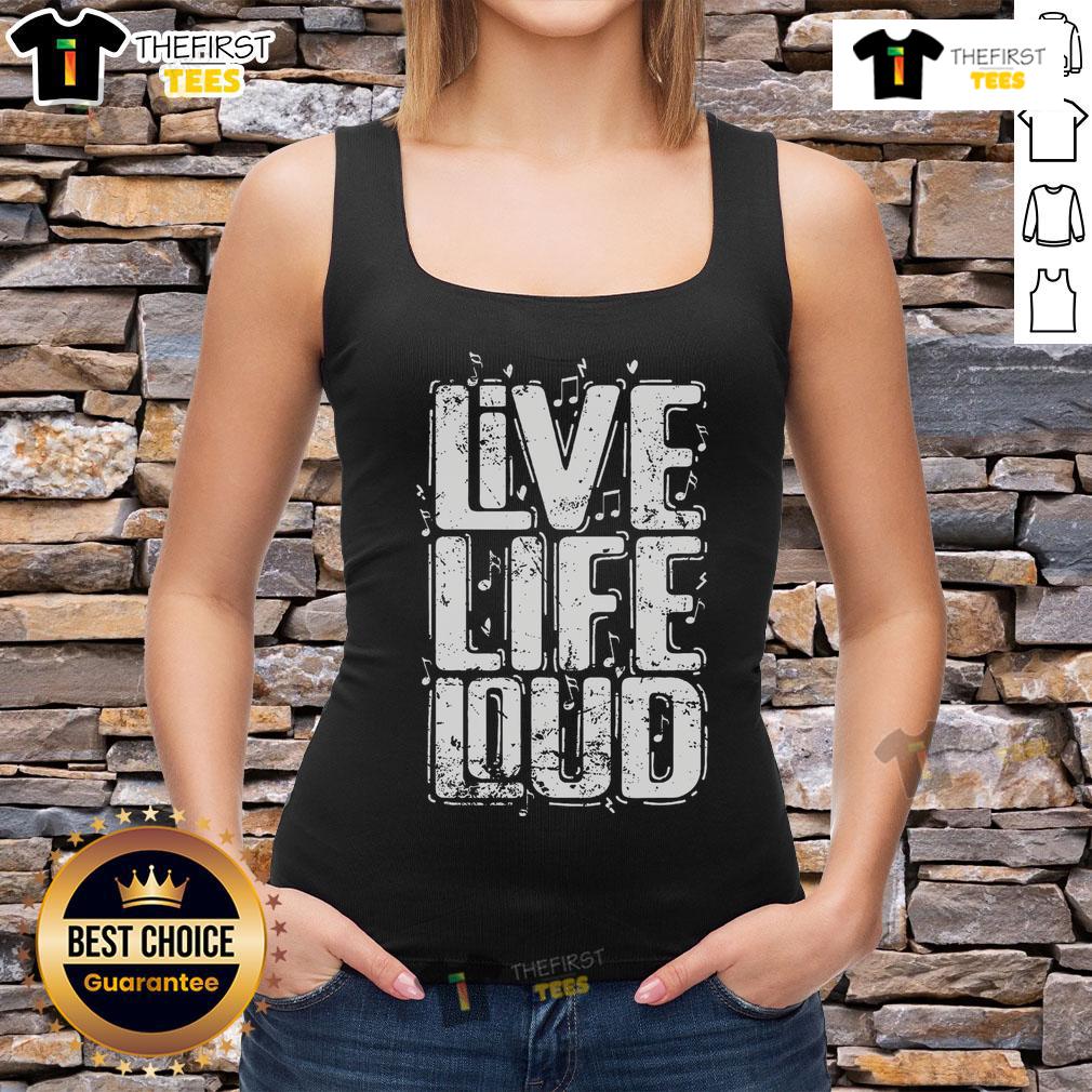Model wearing Top Live Life Loud tank top in vibrant colors, showcasing a stylish and motivational summer outfit.