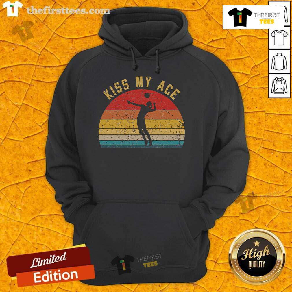 Alt Text: Retro vintage hoodie featuring a volleyball player with Kiss My Ace design against a sunset background.