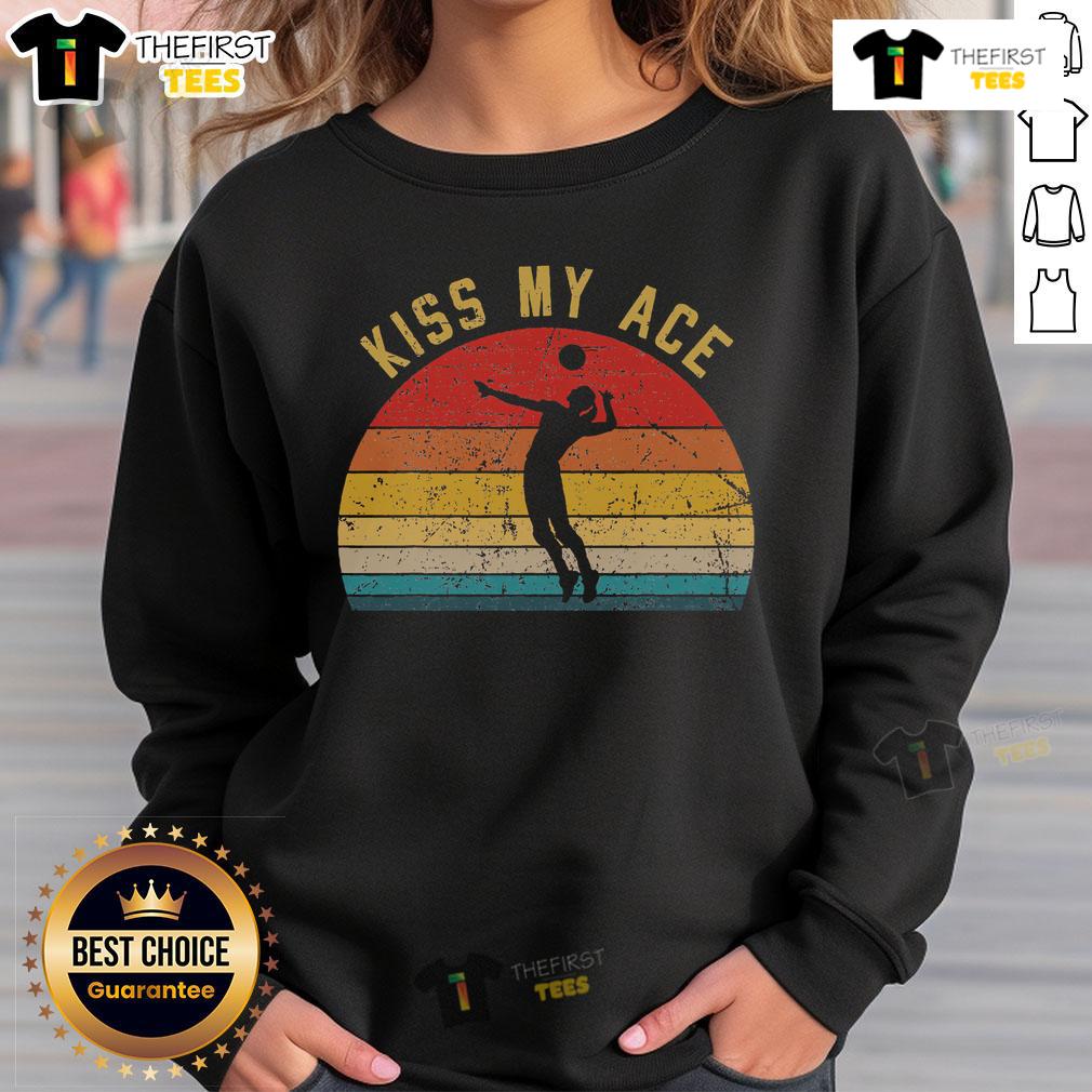 Retro vintage sweatshirt featuring 'Kiss My Ace' volleyball player design with sunset background.