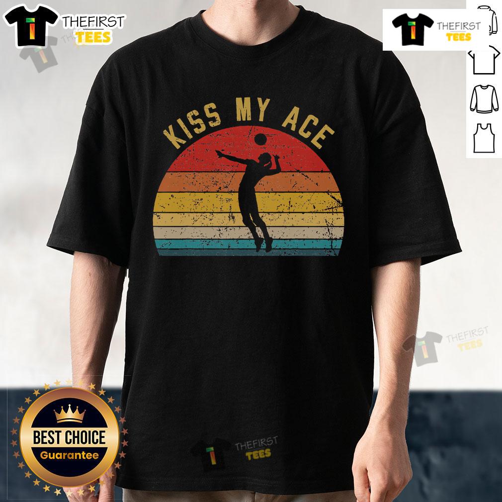 Alt Text: Retro vintage sunset t-shirt featuring Kiss My Ace with a volleyball player, perfect for volleyball enthusiasts.