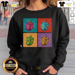 Colorful funny Hanukkah dreidel pop art sweatshirt with vibrant graphics, perfect for festive celebrations.